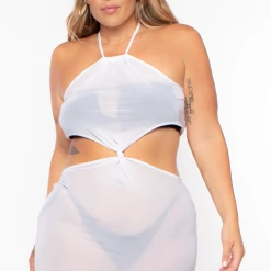 Highlight Plus Size Halter Mesh Cover-Up Dress - White Swimwear
