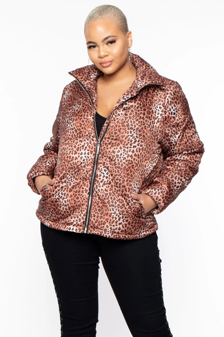 Jou Jou Plus Size Leopard Print Puffer Coat - Brown 3 Jou Jou Plus Size Leopard Print Puffer Coat - Brown