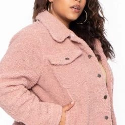Jou Jou Plus Size Faux-Sherpa Fleece Coat - Pink Outerwear