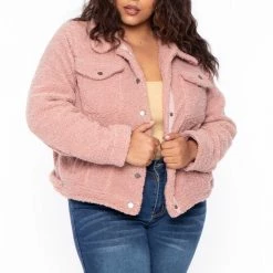 Jou Jou Plus Size Faux-Sherpa Fleece Coat - Pink Outerwear