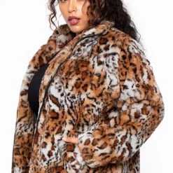 Jou Jou Plus Size Plush Tiger Print Faux Fur Coat - Brown Outerwear