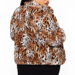 Jou Jou Plus Size Plush Tiger Print Faux Fur Coat - Brown Outerwear