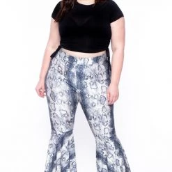 K + Glam Sale Plus Size Snake Print Bell Bottom Pant - Grey