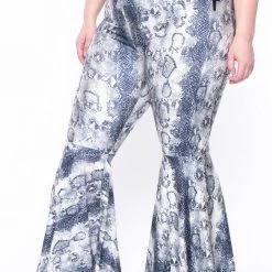 K + Glam Sale Plus Size Snake Print Bell Bottom Pant - Grey