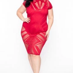 K + Glam Plus Size Mesh Burn Out Short Sleeve Dress - Red Dresses