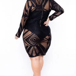 K + Glam Plus Size Mesh Burn Out Dress - Black