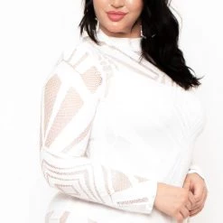 K + Glam Party Shop Plus Size Mesh Burn Out Dress - Ivory
