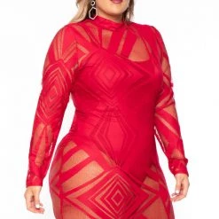 K + Glam Plus Size Mesh Burn Out Dress - Red Back In Stock