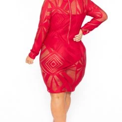 K + Glam Plus Size Mesh Burn Out Dress - Red Back In Stock