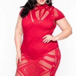 K + Glam Plus Size Mesh Burn Out Short Sleeve Dress - Red Dresses