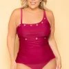 K&Y INTIMATE SWIM LLC Plus Size Grommet Trim Tankini - Burgundy