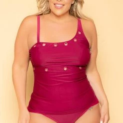 K&Y INTIMATE SWIM LLC Plus Size Grommet Trim Tankini - Burgundy