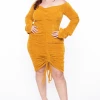 KATY USA Plus Size Chenille Ruched Dress - Mustard