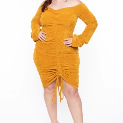 KATY USA Plus Size Chenille Ruched Dress - Mustard
