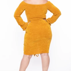 KATY USA Plus Size Chenille Ruched Dress - Mustard