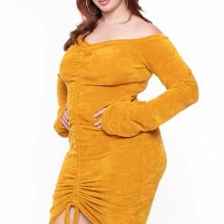 KATY USA Plus Size Chenille Ruched Dress - Mustard