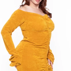 KATY USA Plus Size Chenille Ruched Dress - Mustard