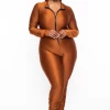 KATY USA Party Jumpsuilts Plus Size Front Zip UP Bodycon Jumpsuit - Bronze