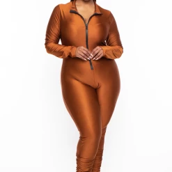 KATY USA Party Jumpsuilts Plus Size Front Zip UP Bodycon Jumpsuit - Bronze