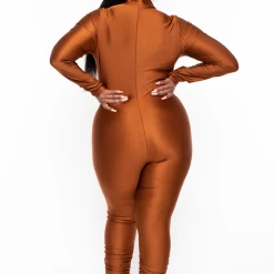 KATY USA Party Jumpsuilts Plus Size Front Zip UP Bodycon Jumpsuit - Bronze