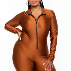 KATY USA Party Jumpsuilts Plus Size Front Zip UP Bodycon Jumpsuit - Bronze