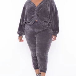 KATY USA Plus Size Chenille Sweater And Jogger Set - Grey