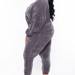 KATY USA Plus Size Chenille Sweater And Jogger Set - Grey