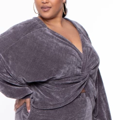 KATY USA Plus Size Chenille Sweater And Jogger Set - Grey