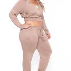 KATY USA Sets Plus Size Jesse Matching Jogger Set- Taupe