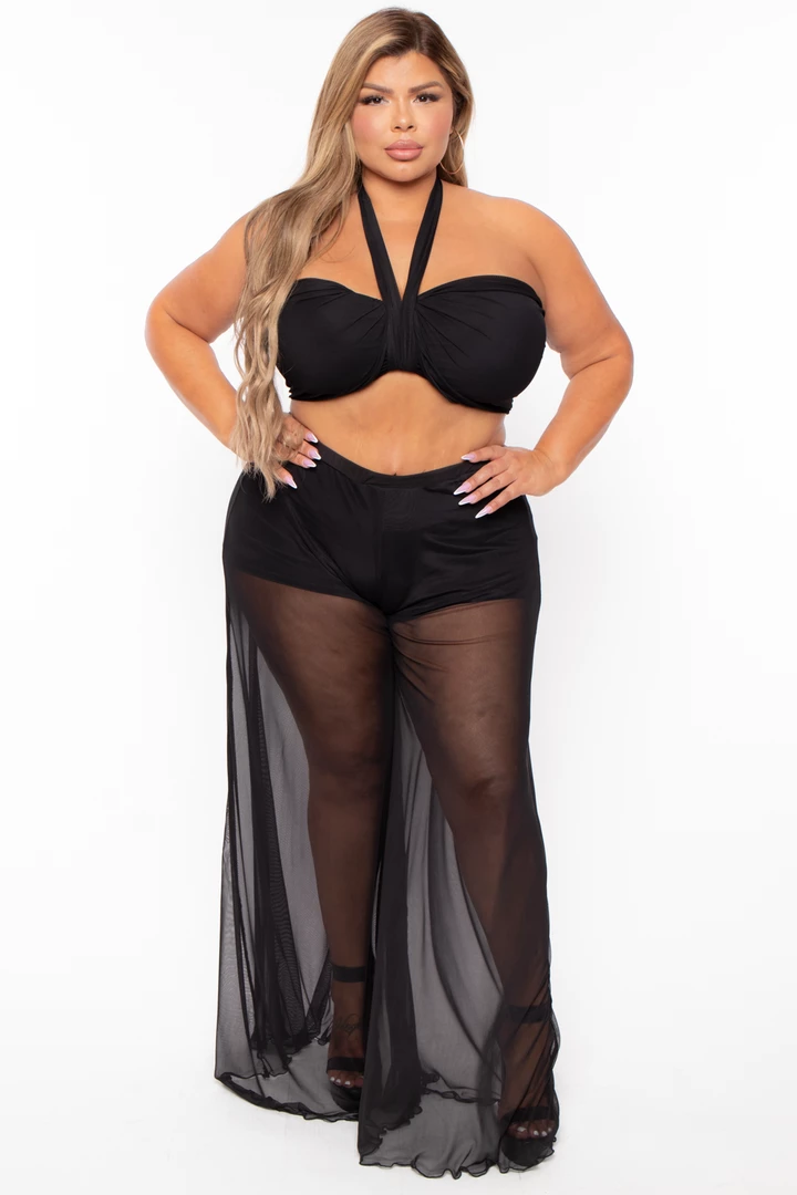 KATY USA Plus Size Flare Leg Mesh Coverup - Black Swimwear 3 KATY USA Plus Size Flare Leg Mesh Coverup - Black Swimwear