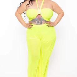 KATY USA Plus Size Neon Flare Leg Mesh Coverup - Neon