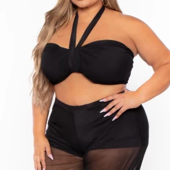 KATY USA Plus Size Flare Leg Mesh Coverup - Black Swimwear