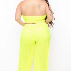 KATY USA Plus Size Neon Flare Leg Mesh Coverup - Neon