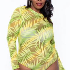 Libian Plus Size Neon Palm Mesh Bodysuit - Lime Sale