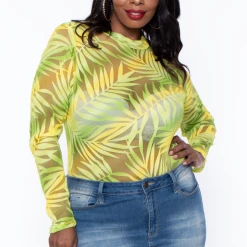 Libian Plus Size Neon Palm Mesh Bodysuit - Lime Sale