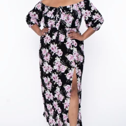 Libian Plus Size Roses Off Shoulder Dress - Black Dresses