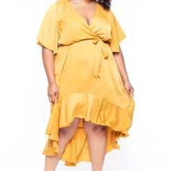 Libian Plus Size Tandi Ruffle Satin Dress - Mustard Dresses