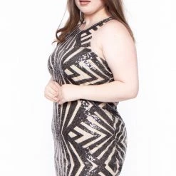 Libian Dresses Plus Size Geometric Sequins Dress - Taupe