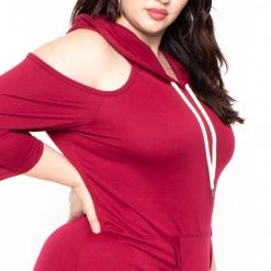 Libian Plus Size Hooded Cut-Out Sweater Dress - Burgundy 10 Libian Plus Size Hooded Cut-Out Sweater Dress - Burgundy
