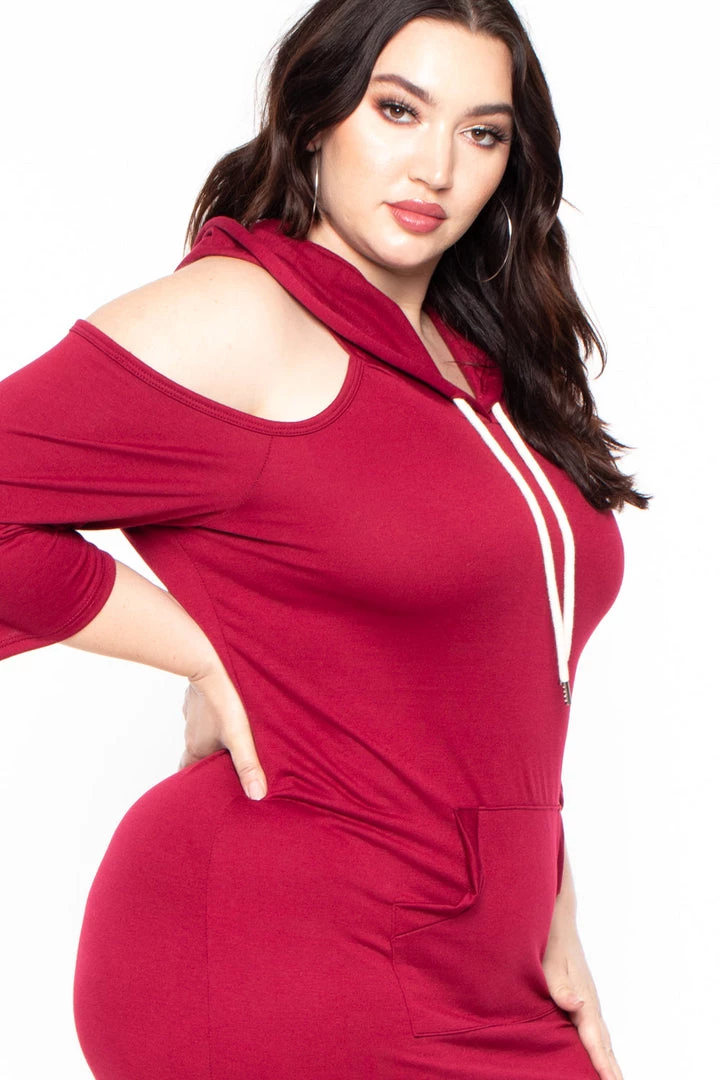 Libian Plus Size Hooded Cut-Out Sweater Dress - Burgundy 6 Libian Plus Size Hooded Cut-Out Sweater Dress - Burgundy