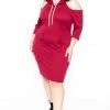 Libian Plus Size Hooded Cut-Out Sweater Dress - Burgundy