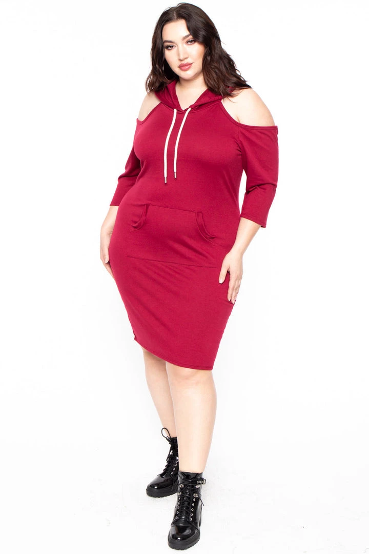 Libian Plus Size Hooded Cut-Out Sweater Dress - Burgundy 3 Libian Plus Size Hooded Cut-Out Sweater Dress - Burgundy