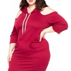 Libian Plus Size Hooded Cut-Out Sweater Dress - Burgundy