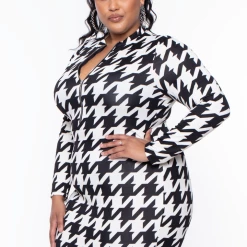 Libian Plus Size Houndstooth Print Bodycon Dress - Black / White