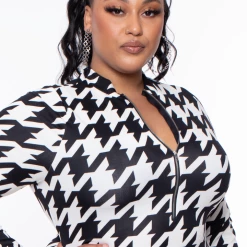 Libian Plus Size Houndstooth Print Bodycon Dress - Black / White