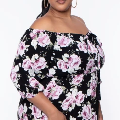 Libian Plus Size Roses Off Shoulder Dress - Black Dresses