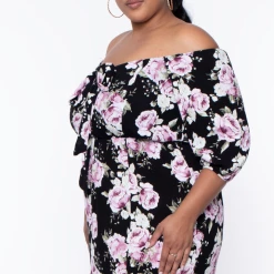 Libian Plus Size Roses Off Shoulder Dress - Black Dresses