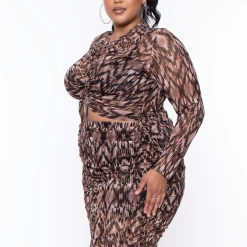 Libian Plus Size Ruched Mesh Top And Skirt Set - Brown Dresses