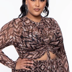 Libian Plus Size Ruched Mesh Top And Skirt Set - Brown Dresses