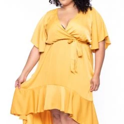 Libian Plus Size Tandi Ruffle Satin Dress - Mustard Dresses